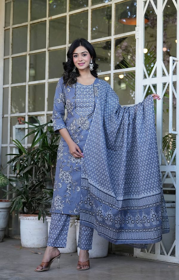 Sky Printed Cotton Hand Work Festive Suit