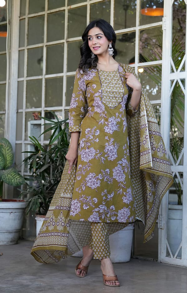 Mehndi Printed Cotton Hand Work Festive Suit