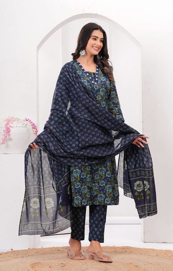 Blue Printed Cotton V-Neck Handwork Suit