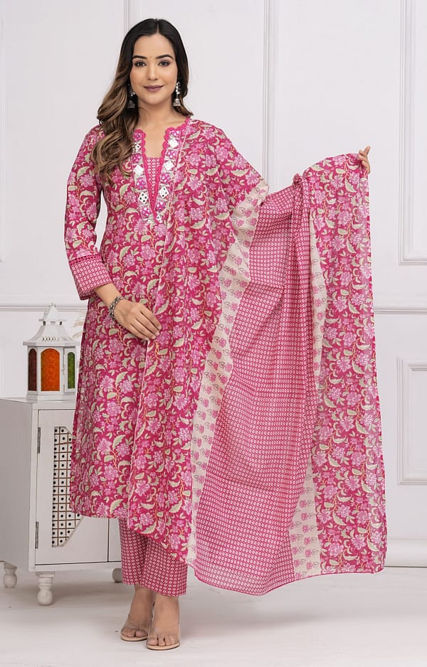 Pink Printed Cotton Threadwork Festive Suit