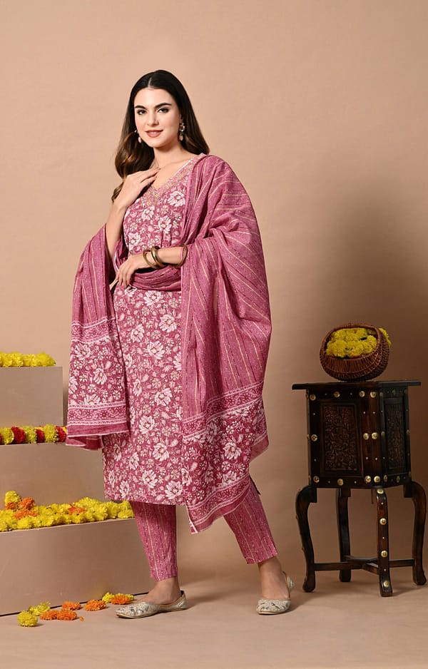 Pink Printed Cotton Hand Work Festive Suit