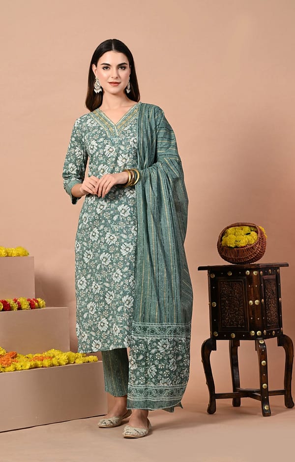 Green Printed Cotton Hand Work Festive Suit