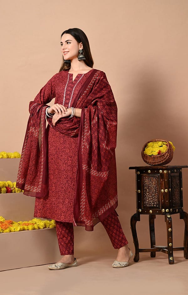 Wine Printed Cotton Threadwork Festive