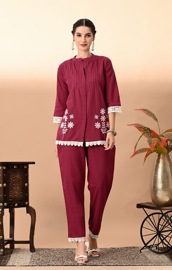 Wine Solid Cotton Threadwork Co-Ord Set