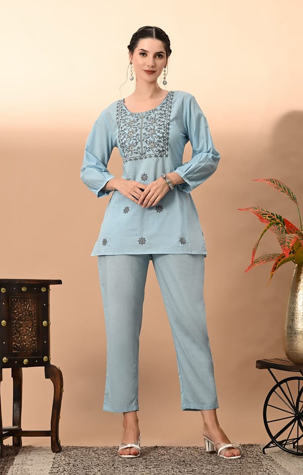 Sky Solid Cotton Threadwork Co-Ord Set