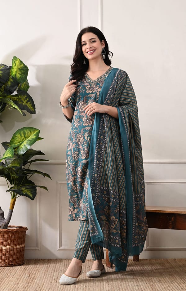 Teal Printed Cotton V-Neck Hand Work Festive Suit