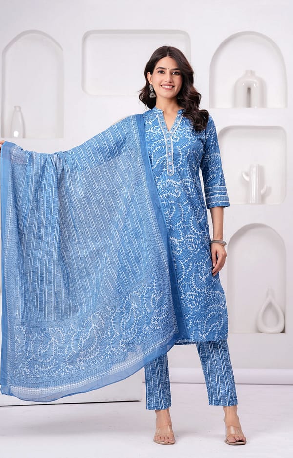 Sky Printed Cotton Hand Work Festive Suit