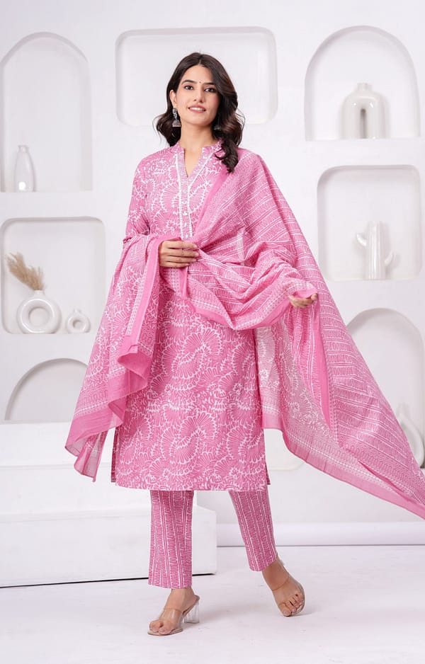 Pink Printed Cotton Hand Work Festive Suit