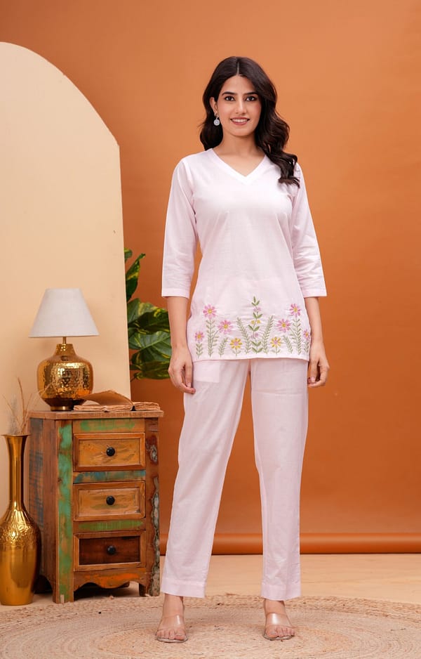 Pink Solid Cotton Threadwork Co-Ord Set