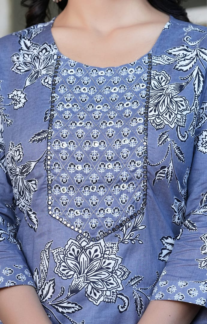Sky Printed Cotton Hand Work Festive Suit - Image 2