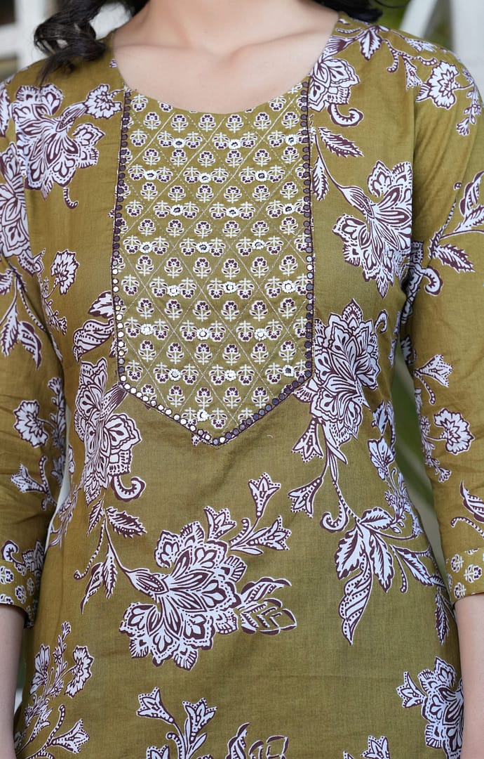 Mehndi Printed Cotton Hand Work Festive Suit - Image 2
