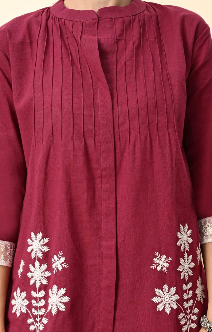 Wine Solid Cotton Threadwork Co-Ord Set - Image 2