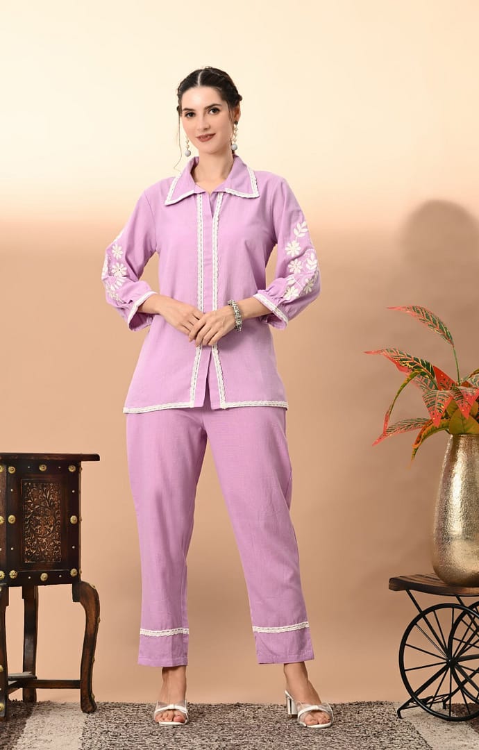 Lavender Solid Cotton Threadwork Co-Ord Set
