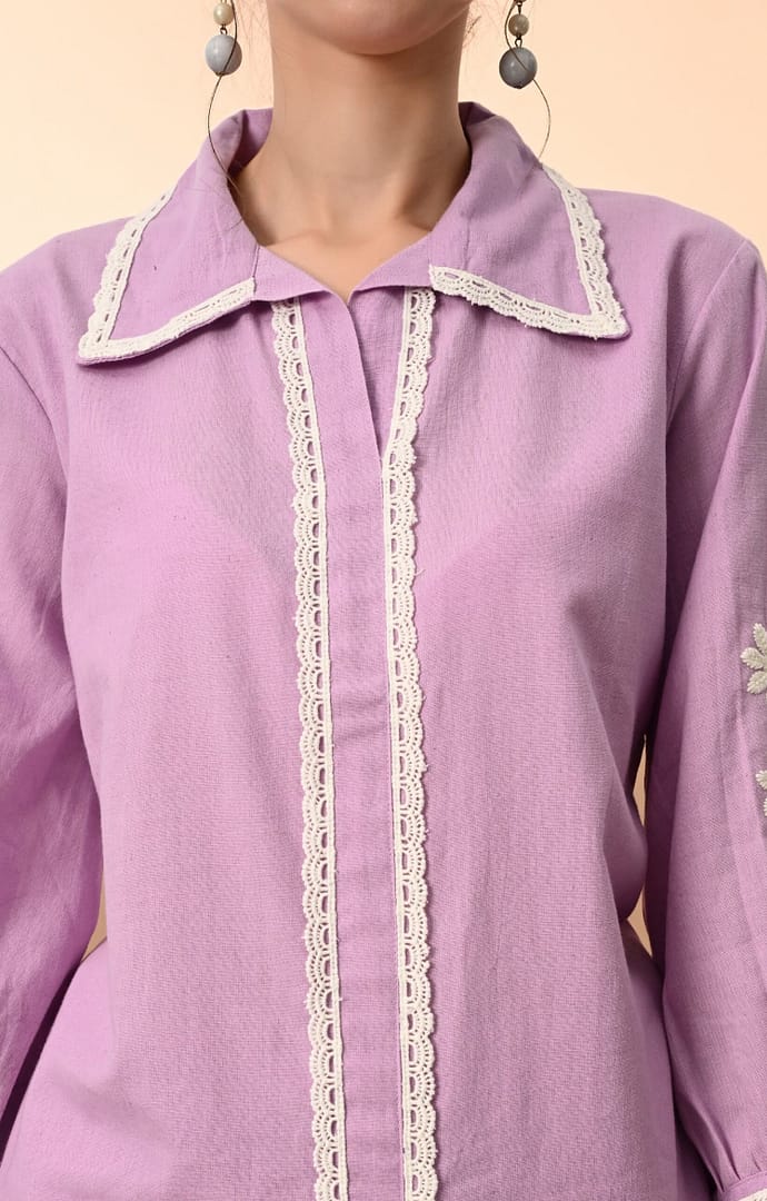 Lavender Solid Cotton Threadwork Co-Ord Set - Image 2