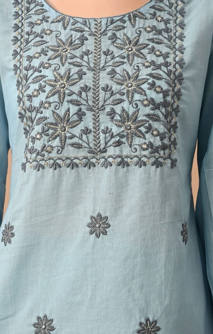 Sky Solid Cotton Threadwork Co-Ord Set - Image 2