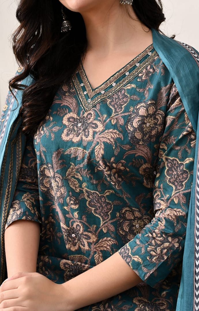 Teal Printed Cotton V-Neck Hand Work Festive Suit - Image 2