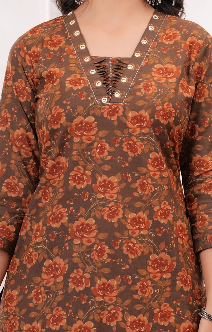 Brown Printed Cotton V-Neck Handwork Suit - Image 2
