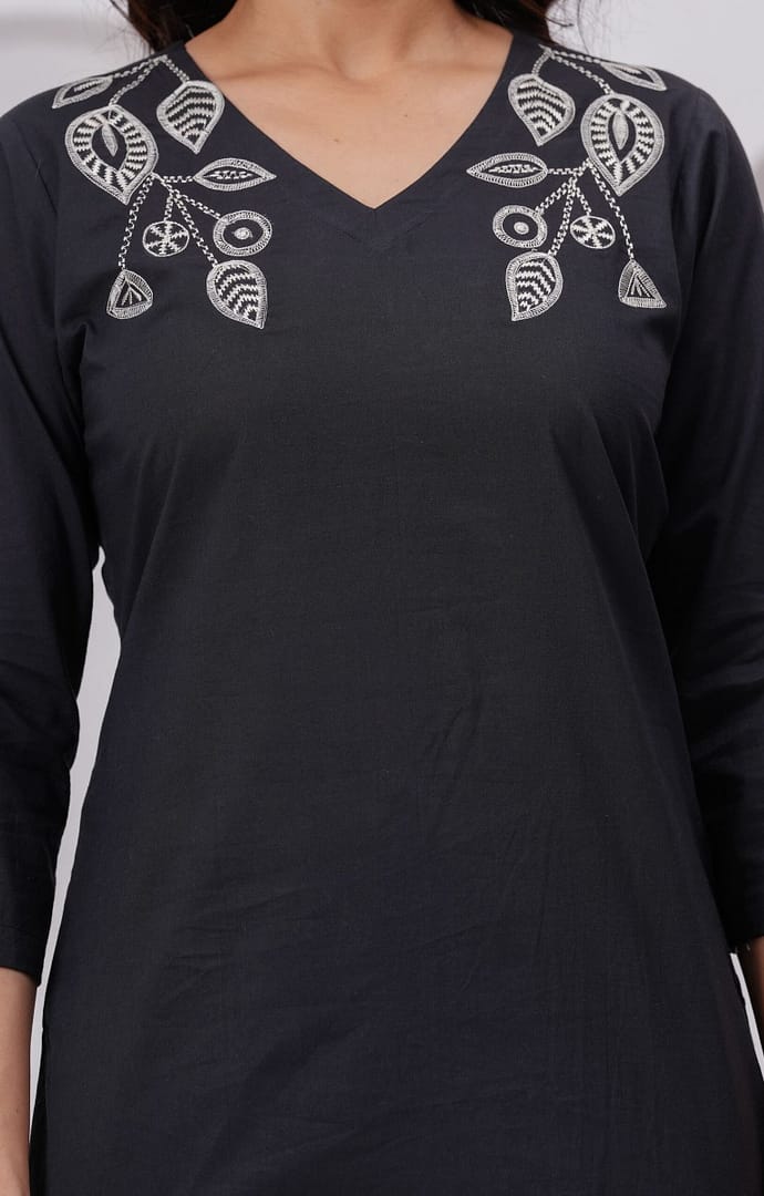 Black Solid Cotton Threadwork Co-ord Set - Image 2