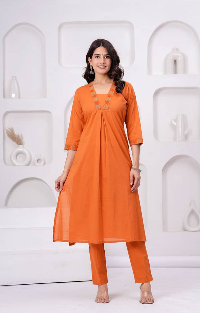 Rust Solid Cotton Threadwork Festive Suit
