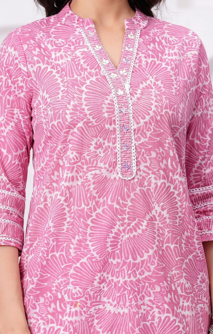 Pink Printed Cotton Hand Work Festive Suit - Image 2