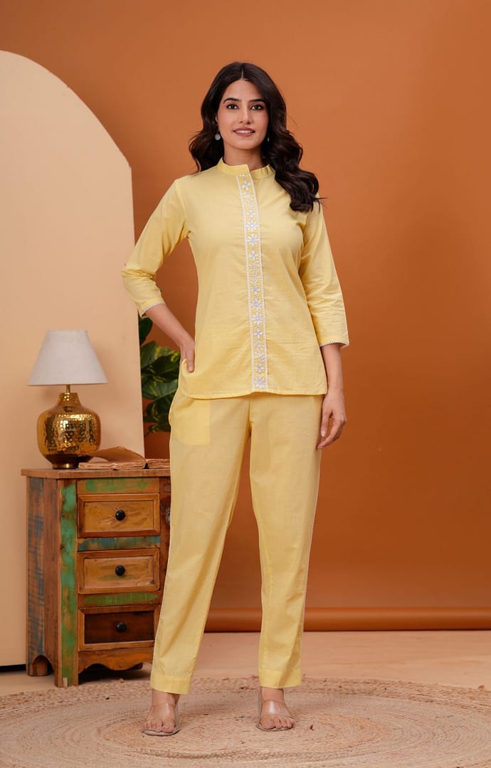 Yellow Solid Cotton Threadwork Co-ord Set