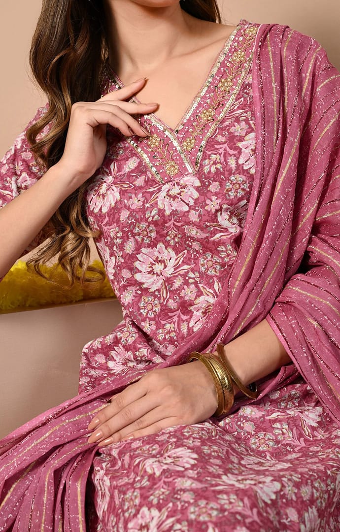 Pink Printed Cotton Hand Work Festive Suit - Image 2